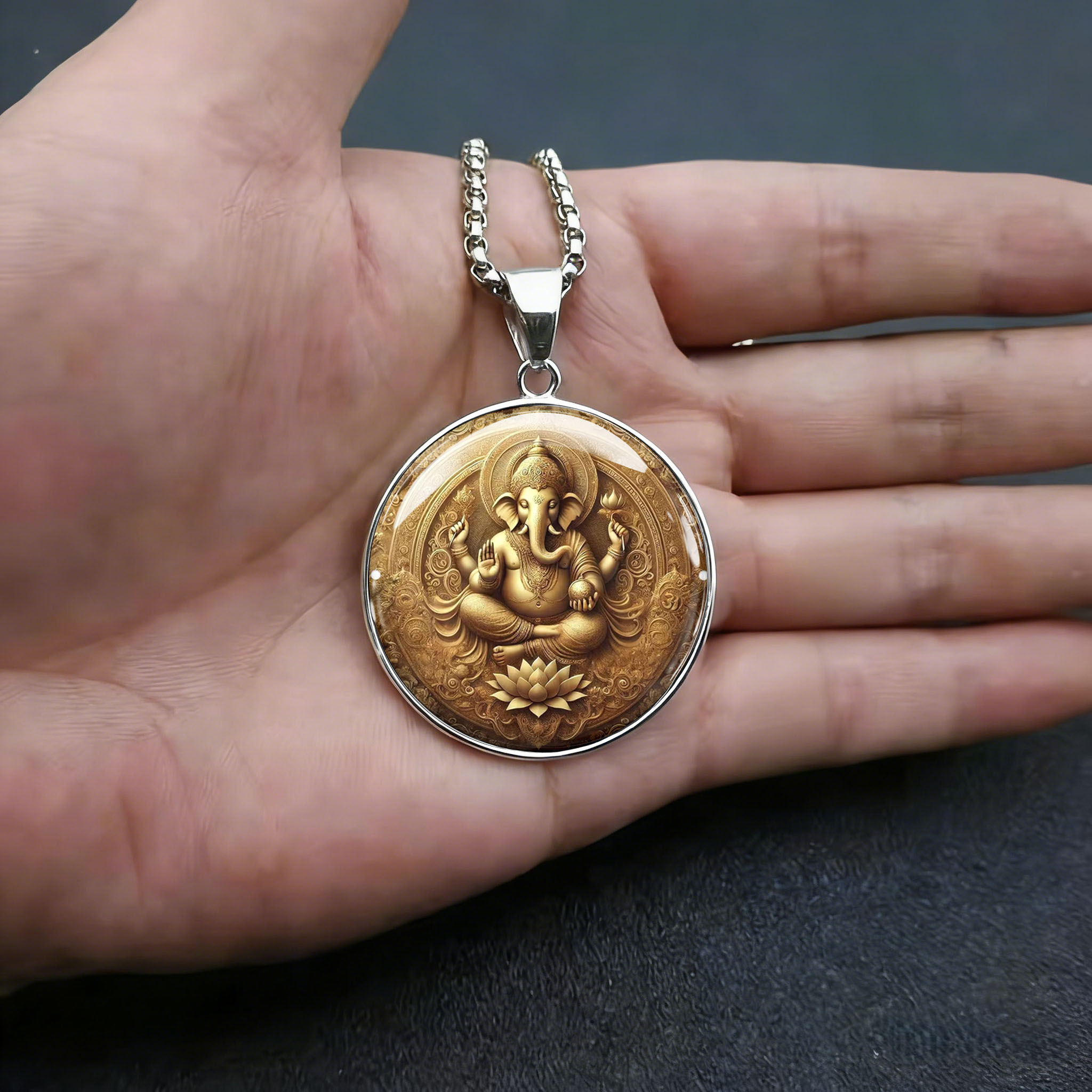 Men's Stainless Steel Ganesha Pendant Necklace, Traditional Design