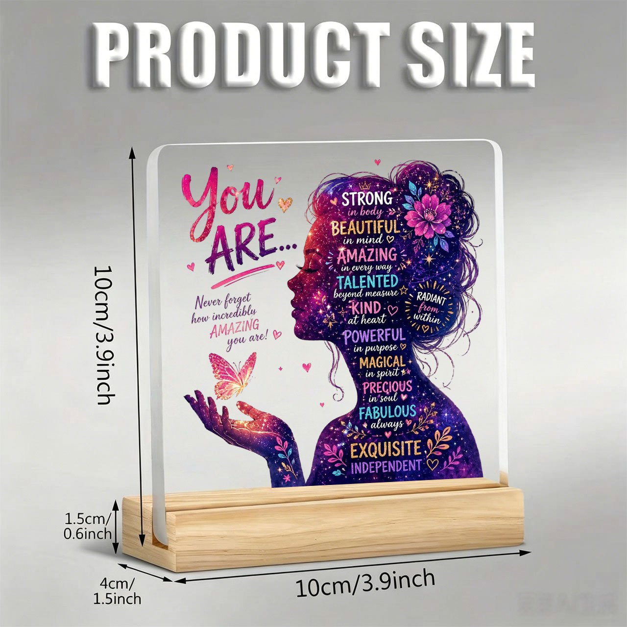 TEMU 1pc "" Inspirational Girl Silhouette Figurine, Motivational Slogan, Acrylic Ornament With Wooden Base, Paperweight, Desktop Decoration, Office