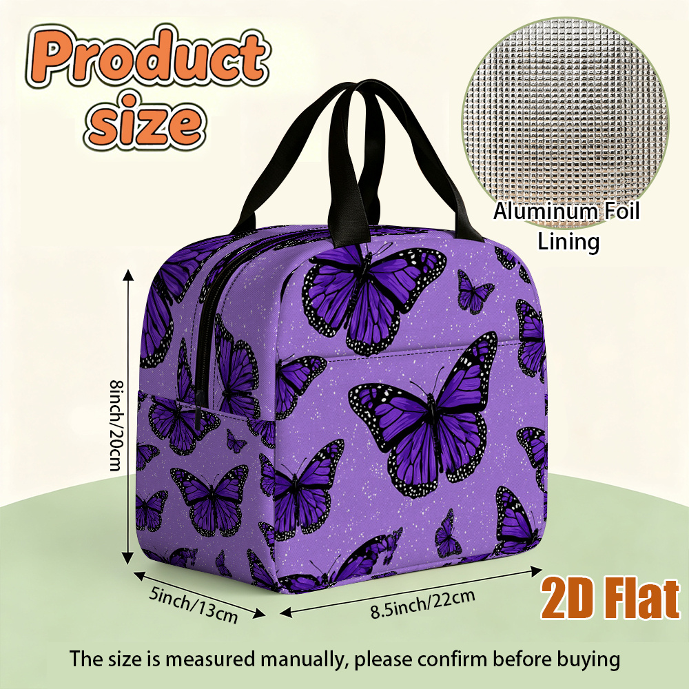 TEMU 2d Flat, 1pc Purple Butterflies On Lavender Background Insulated Lunch Bag, Portable Reusable Food Storage Solution, (non-food Contact) Business
