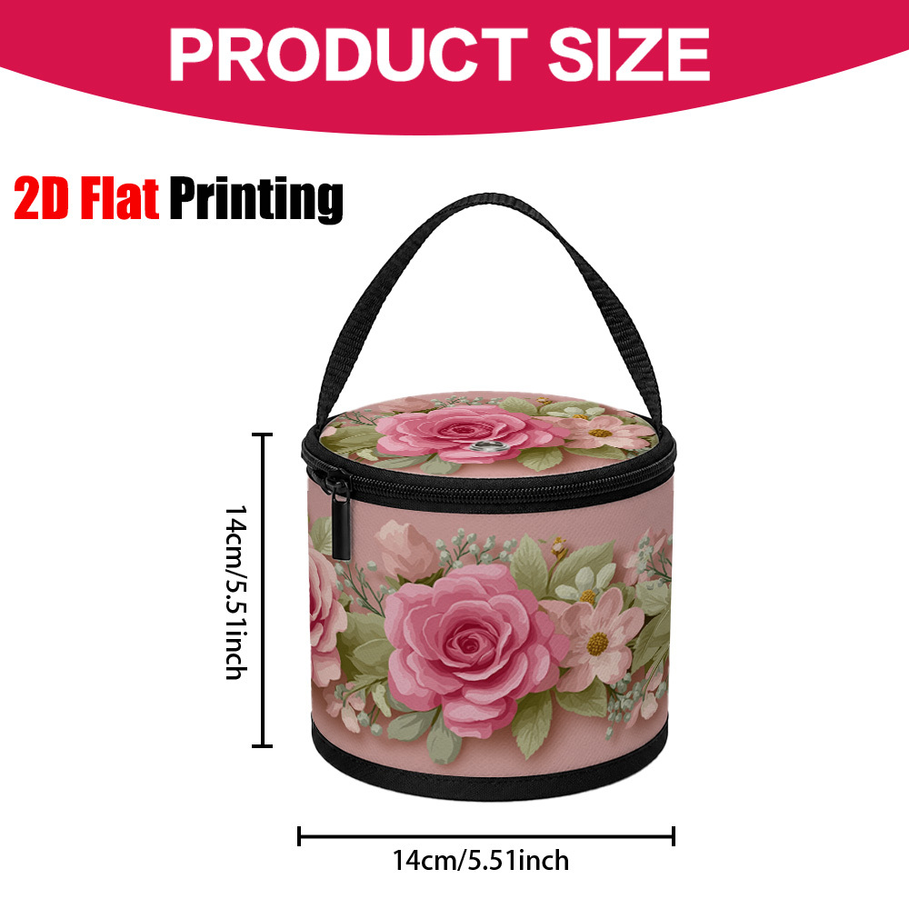 TEMU 1pc Pink Roses Border Print Yarn Storage Bucket & Knitting Needle Organizer - Round Portable Case Suitable For Crochet Hooks, Yarn Ball Holder,