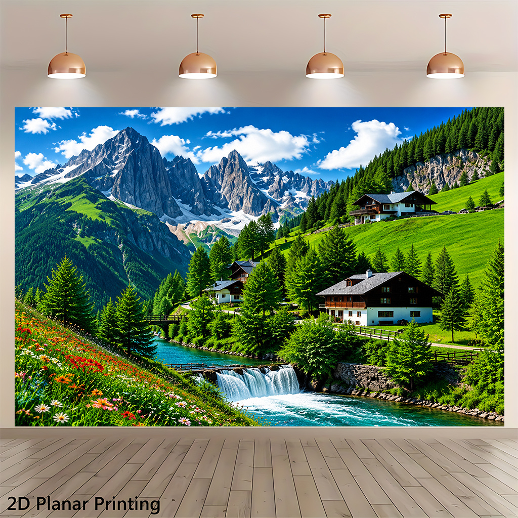 Beautiful Mountain Village Scene Decorative Backdrop Banner