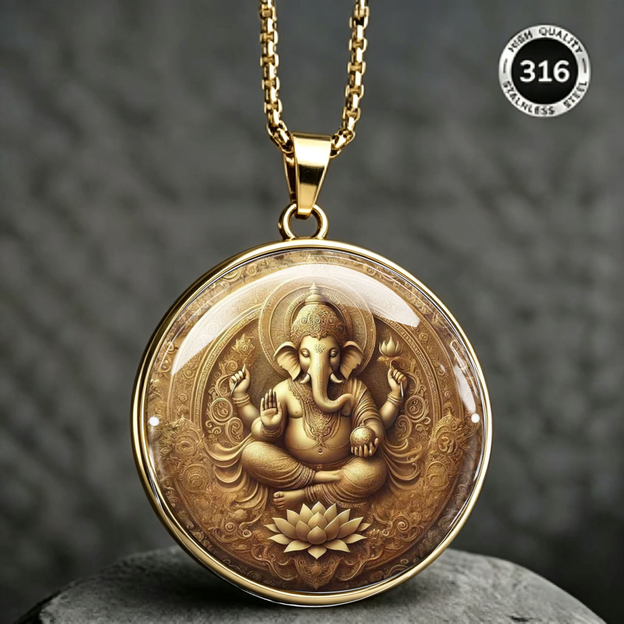 Men's Stainless Steel Ganesha Pendant Necklace, Traditional Design