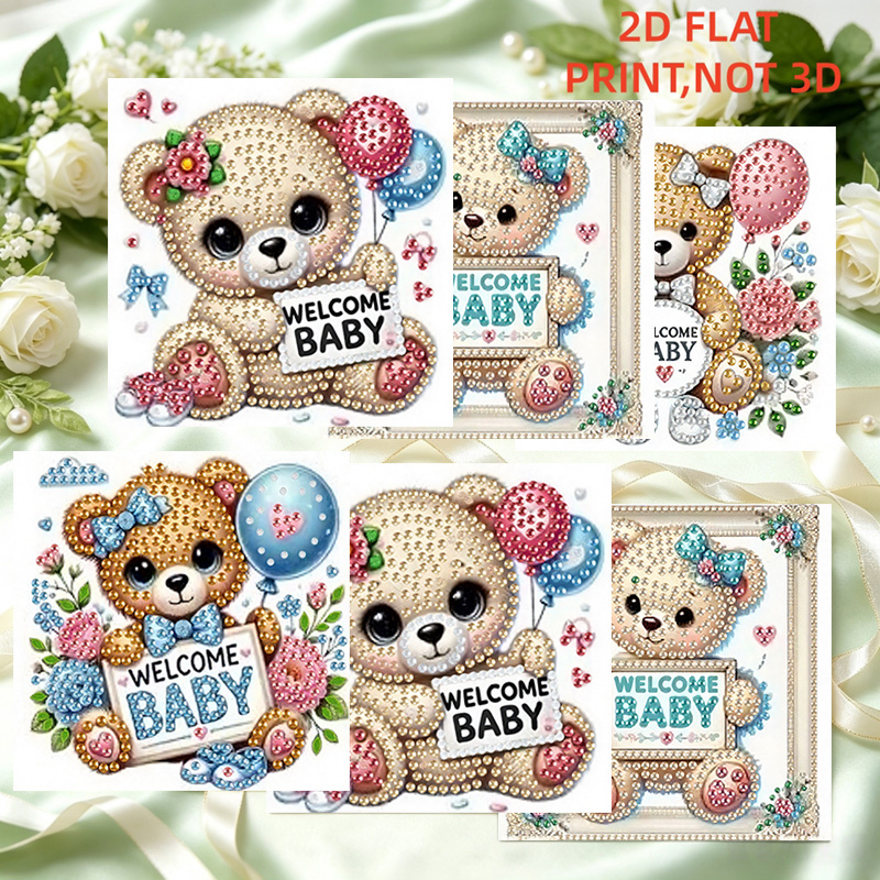 TEMU 6pcs/set Mosaic Diamond Painting Greeting Card Set, Newborn Welcome Little Bear Series Theme, Irregular Shaped Diamond Paper Postcards, , Size