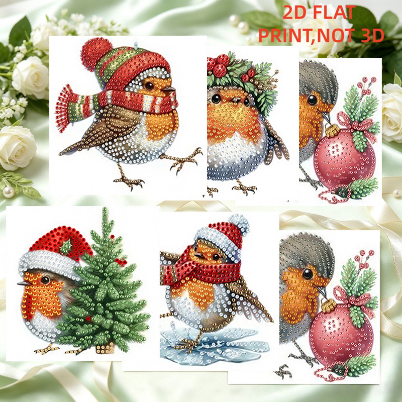 TEMU 6pcs Diamond Painting Kit - Diy Christmas Robin Themed Painting Holiday Greeting Card Kit, Diy Special Shape Art Mosaic Postcard, Holiday