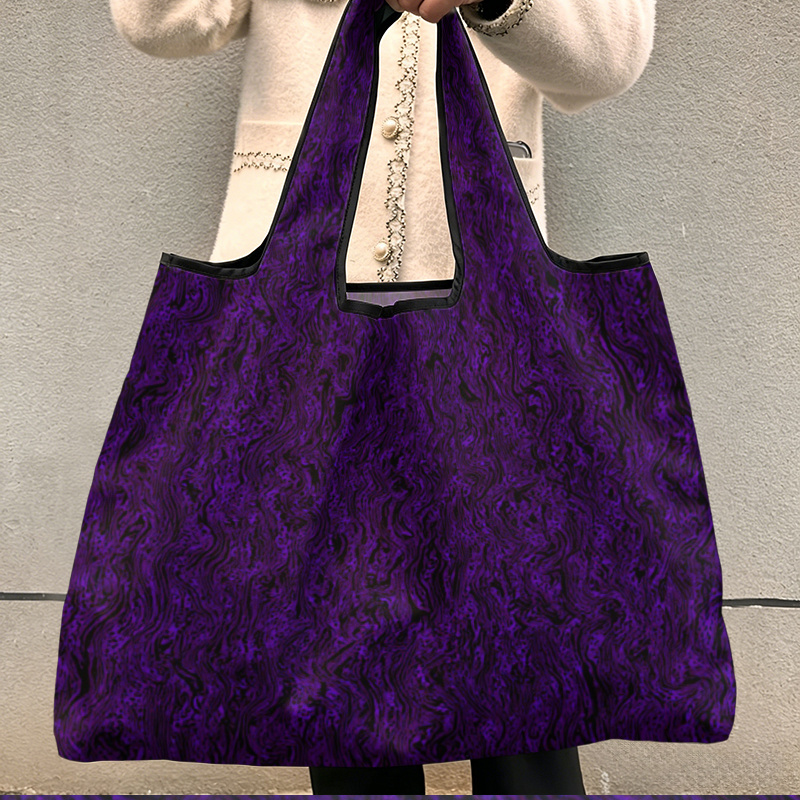 TEMU Foldable Reusable Shopping Bag 1pc, Dark Purple Background Black Swirls Pattern, Large Portable Tote For Grocery