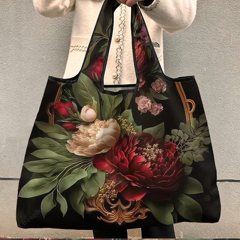 TEMU Foldable Reusable Shopping Bag 1pc, Painting Flowers Background Pattern, Large Portable Tote For Grocery