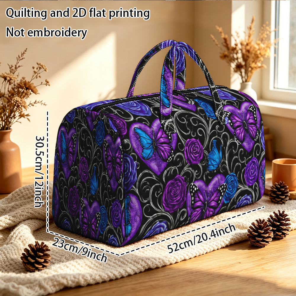 TEMU Quilting And 2d Flat Printing Not Embroidery Purple Hearts And Butterflies Quilted Tote Bag,quilted Travel Bag,quilted Duffle Bag,for Large