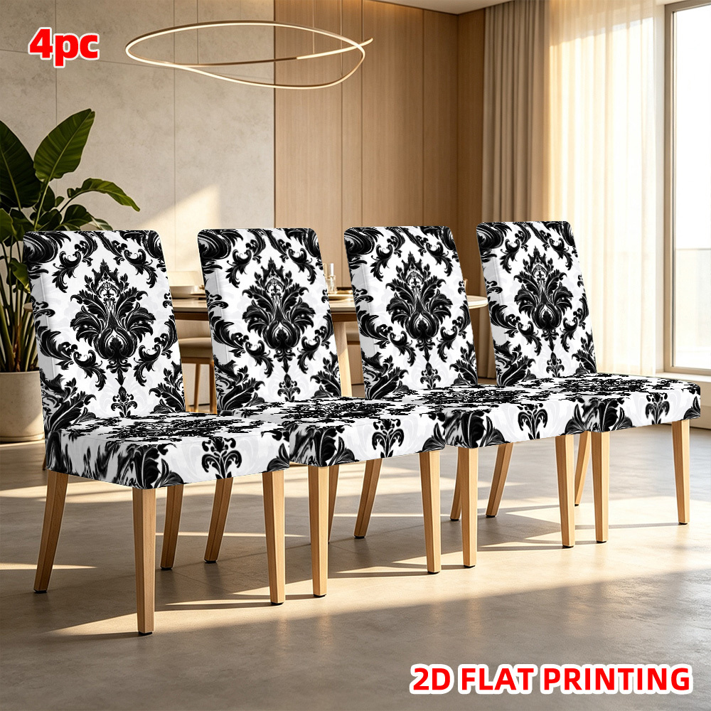 TEMU 2d Flat Printing 2/4/6pcs Black Floral Ornate Covers, Suitable For Spring And Summer Family Chairs, Party Celebration Decorations, Used