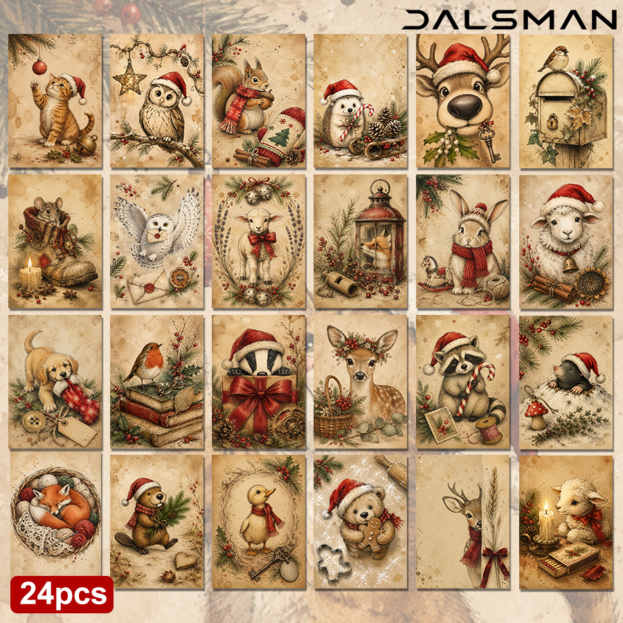 TEMU Lot de 24 cartes postales de Noël vintage, cartes de vœux rustiques avec animaux pour les fêtes, pour amis, famille, décoration saisonnière et