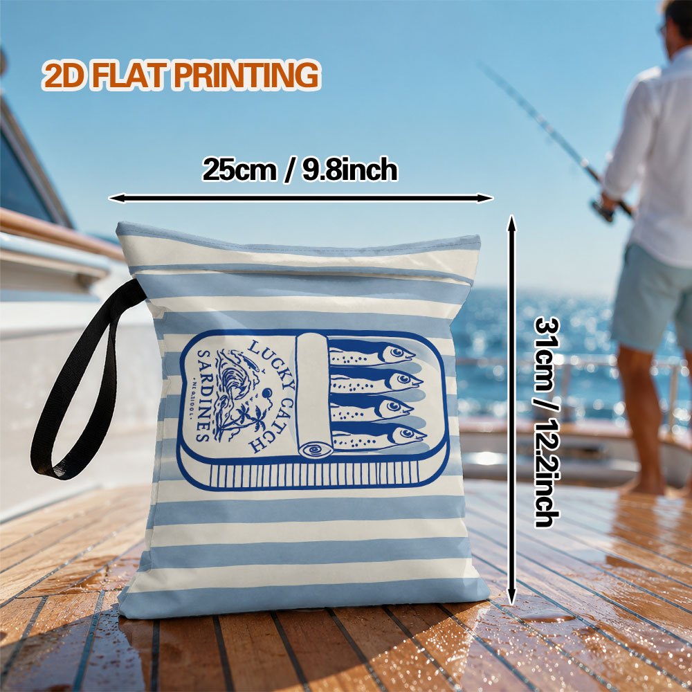 TEMU 2d Flat, 1pc Reusable Wet Dry Storage Bag, Nautical Sardine Pattern Travel Organizer Bag Womens Handbag Suitable For Swimsuits, Beach Trips,