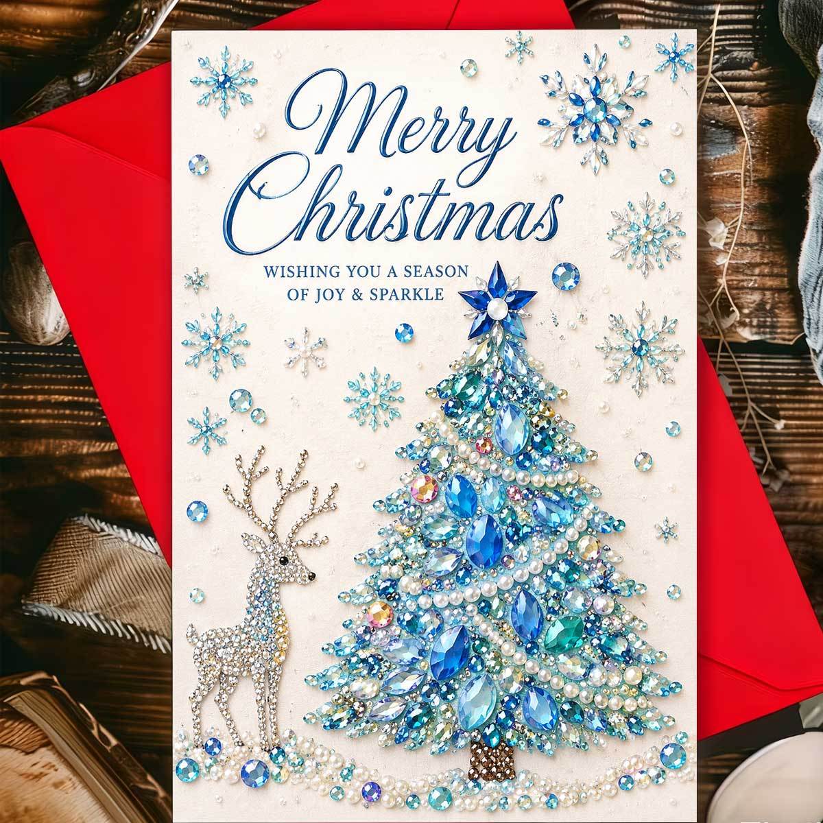 TEMU 1 Greeting Card + 1 Envelope. 2d Flat 1pc Exquisite And Christmas Tree And Reindeer Greeting Card, Featuring A Design Inlaid With Gemstones,