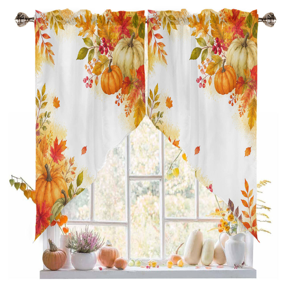 TEMU 2d Flat, 2pcs Vintage Curtains, Autumn Thanksgiving Pumpkin Maple Leaf Warm- Watercolor Hand-painted Layout, Style, Small Window Triangle