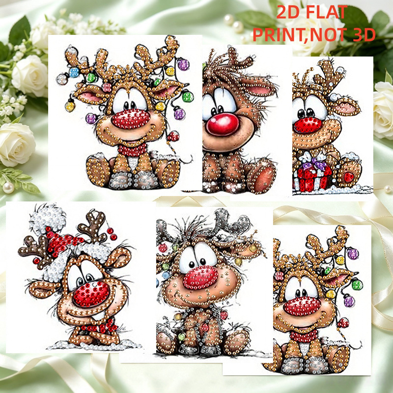 TEMU 6-delige Diamond Painting Kit - Cartoon Kerst Rendier Thema Schilderen Vakantiekaart Set, Speciale Vorm Mozaïek Postkaart, Vakantiekaart Set,