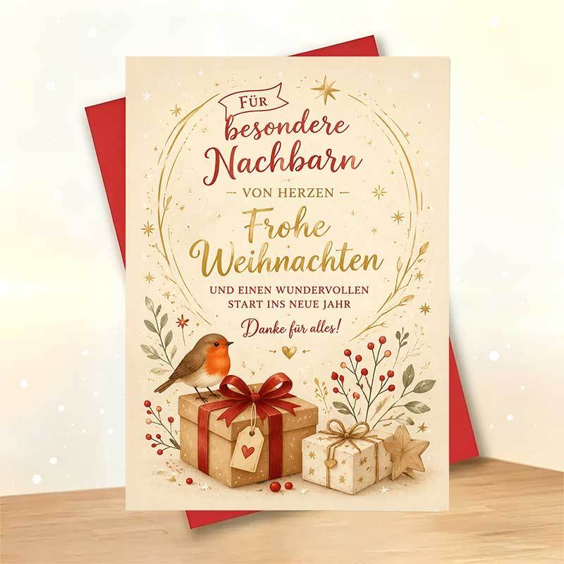 TEMU 1 Greeting Card + 1 Envelope Elegant Christmas Greeting Card, Bird And Gift Boxes Design " For Neighbors", Perfect For Neighbors, Festive Style.