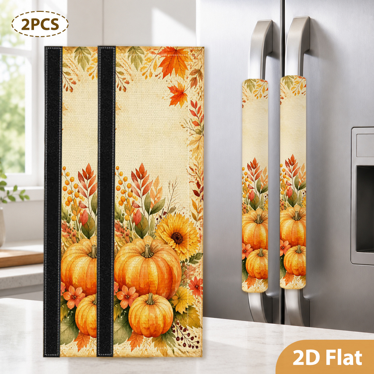 TEMU 2pcs 2d Flat Suitable For Refrigerators, Microwaves & Ovens Appliance Handle Covers - Autumn Pumpkin Sunflower Maple Leaf Print Door Protectors,