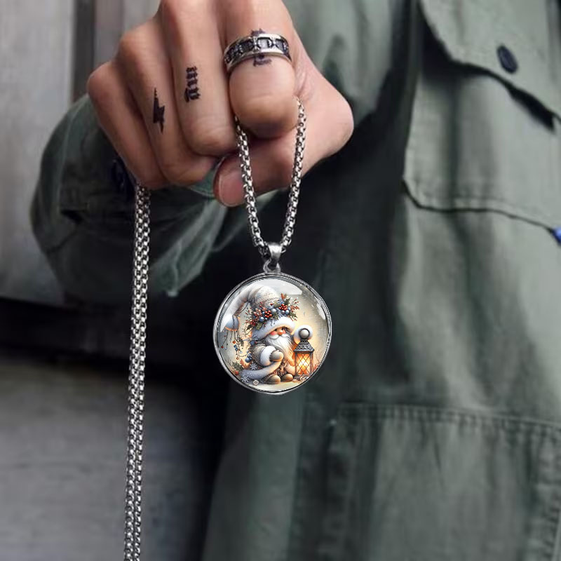 Men's Christmas Gnome Lantern Pattern Necklace