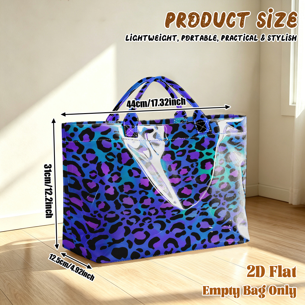 TEMU 1pc Reusable Grocery Bags, 2d Flat Printing Colorful Leopard Print Design Pattern Pvc Large Capacity Travel Tote Bag, Shopping Bag, Commuting
