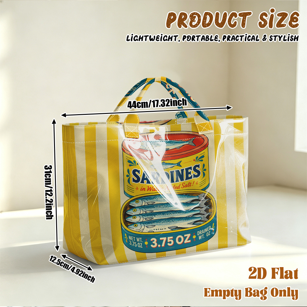 TEMU 1pc Large Capacity Pvc Tote Bag Suitable For Travel, Gym, Beach & Shopping - Vintage Sardine Can Print Reusable Multifunctional Bag With Hot