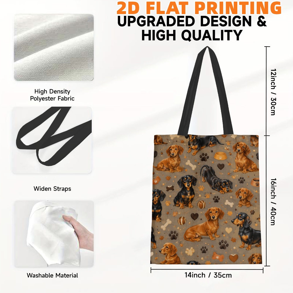 TEMU 1pc Large Dachshund Tote Bag Suitable For School, Travel & Gifts - Bright Clear Dachshund Print On Brown, Rectangular Bag Suitable For Shopping,