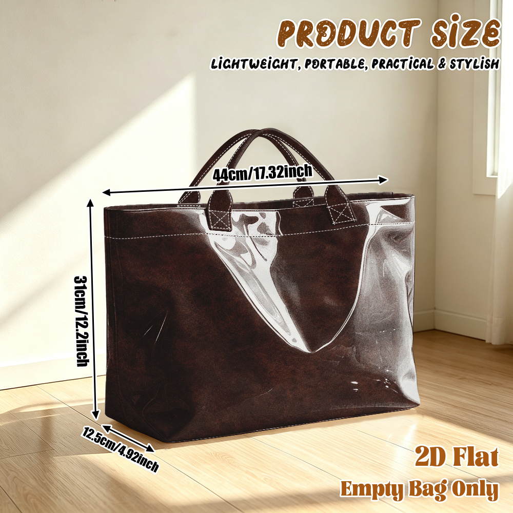 TEMU 1pc Reusable Grocery Bags, 2d Flat Printing Brown Leather-like Surface Pattern Pvc Large Capacity Travel Tote Bag, Shopping Bag,commuting