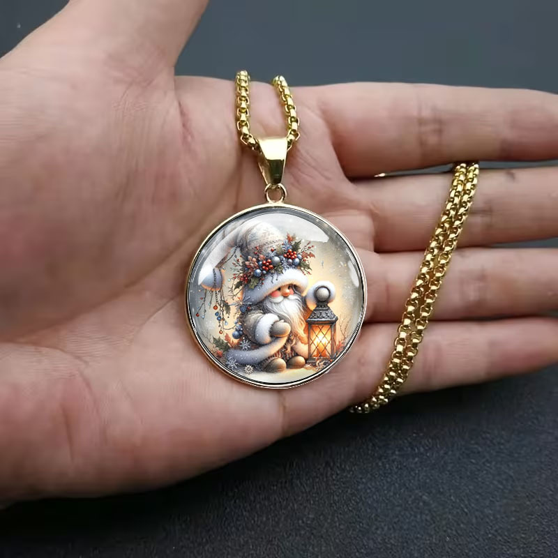 Men's Christmas Gnome Lantern Pattern Necklace