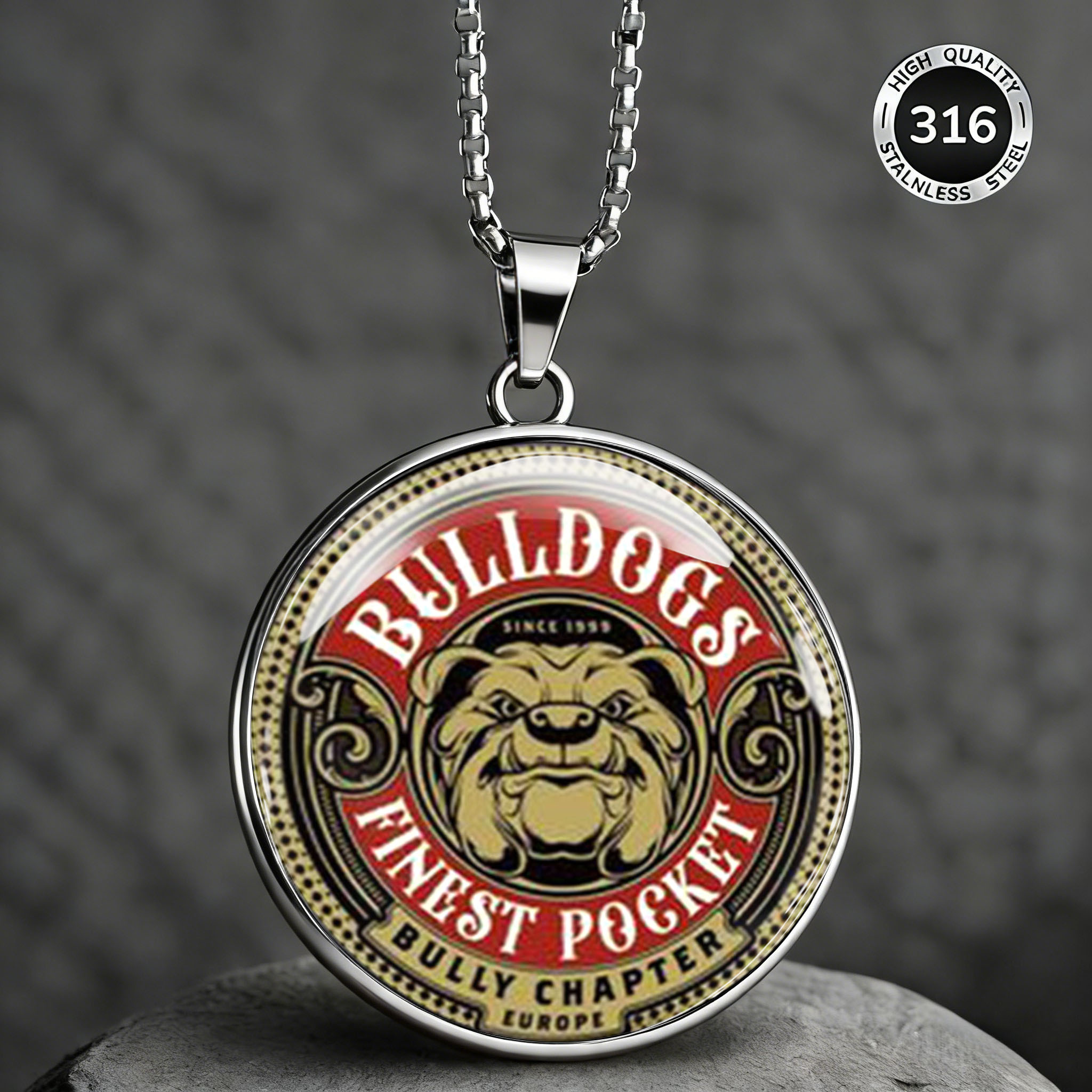 TEMU 2dflat 1959 Classic Bulldog Pattern Men's 316 304 Stainless Steel Necklace, Bully Europe Series, Flat Print Design, Rust-resistant And