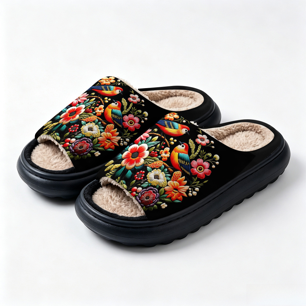 TEMU Floral Bird And Flower Pattern Decorative Painting Thick Bottom Slippers Fashionable Slippers Plush Warm Soft Comfortable Slippers Spring Summer