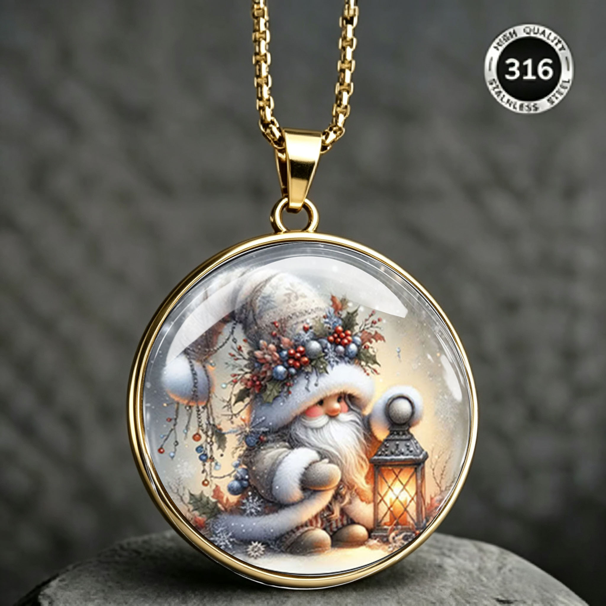 Men's Christmas Gnome Lantern Pattern Necklace