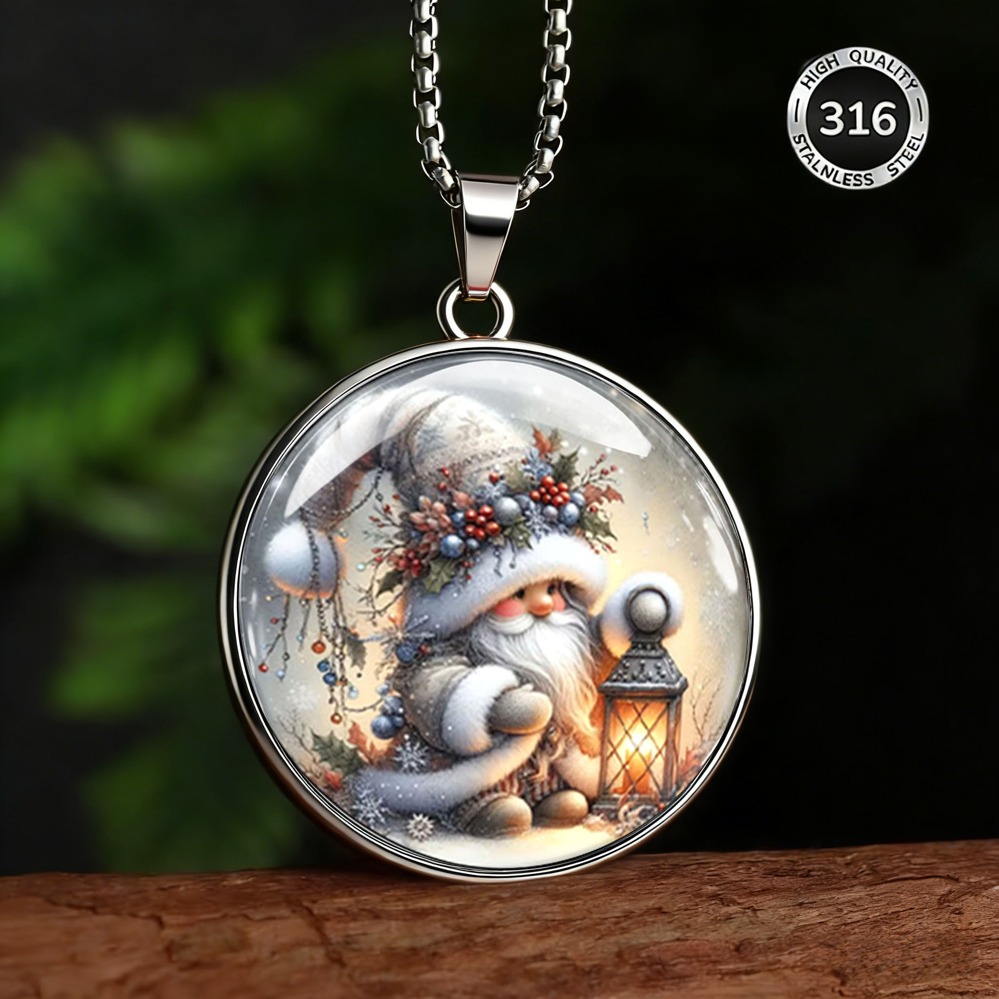Men's Christmas Gnome Lantern Pattern Necklace