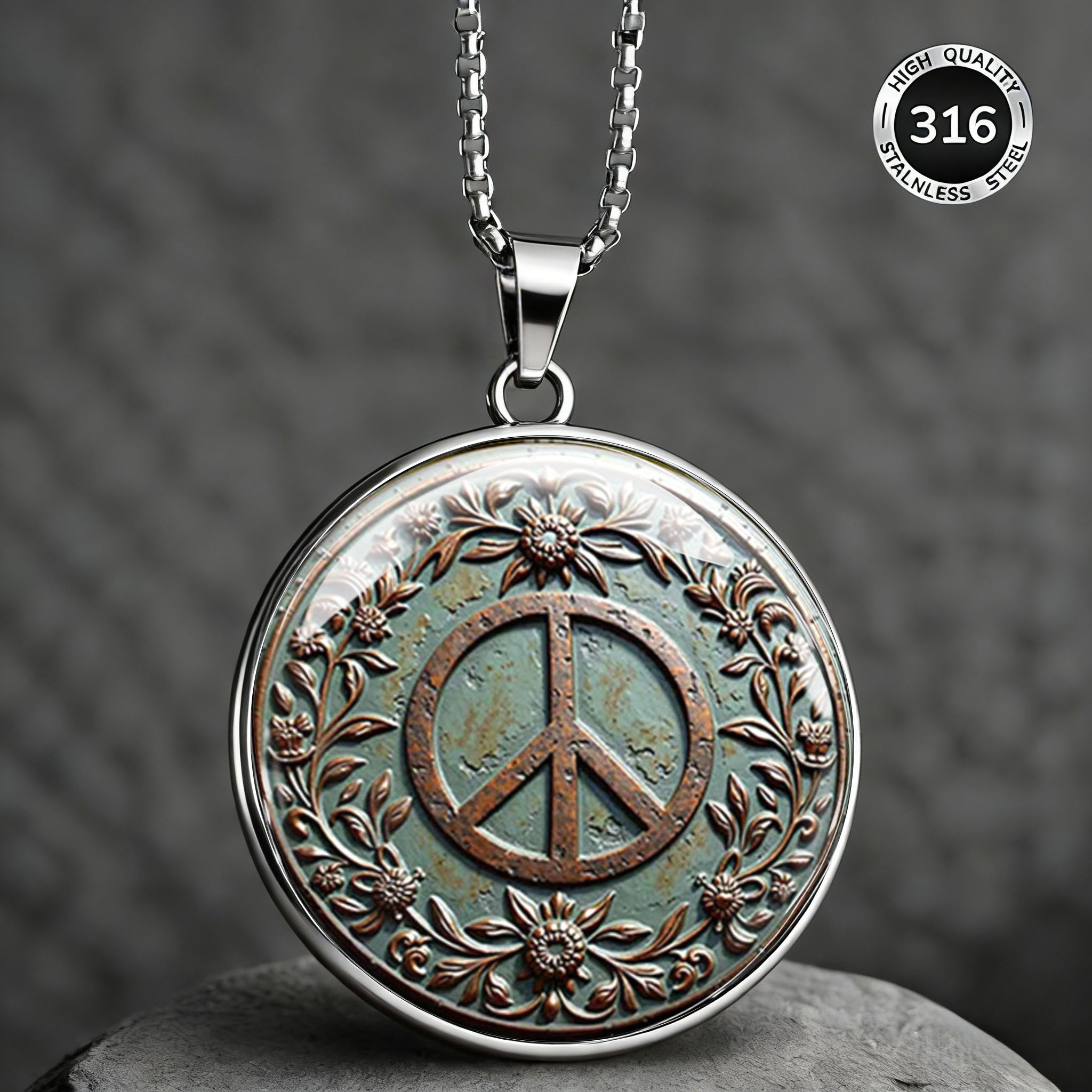 TEMU 2dflat Fashion Men's 316 304 Stainless Steel Necklace, Peace Symbol , Vintage Artistic Style, Versatile Daily Jewelry, Hypoallergenic,