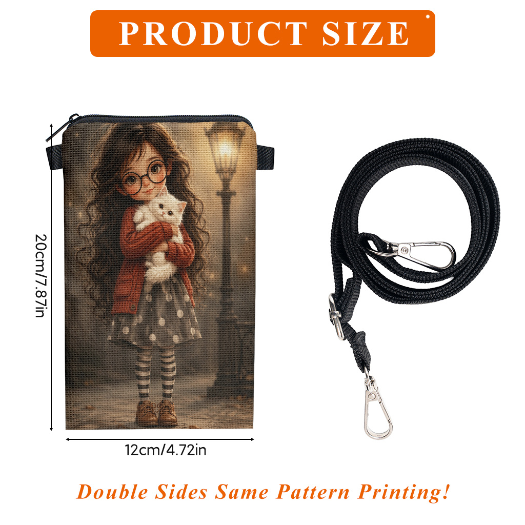 TEMU Phone Bag 1pc, A Girl Hugging Cat Print Mobile Phone Bag, Adjustable Strap Crossbody Phone Pouch, Mini Zipper Shoulder Bag, Small Vertical