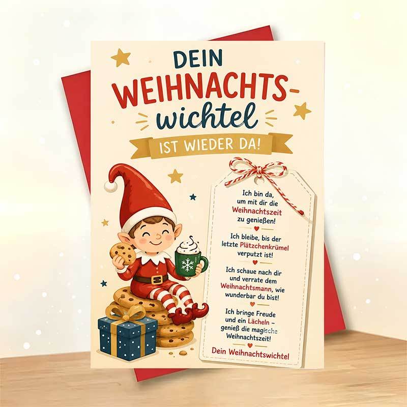 TEMU . Grußkarte und . Umschlag, fröhliche Weihnachtskarte, Elfe, die Kekse isst "Genieße die magische ", geeignet für Freunde, festlicher