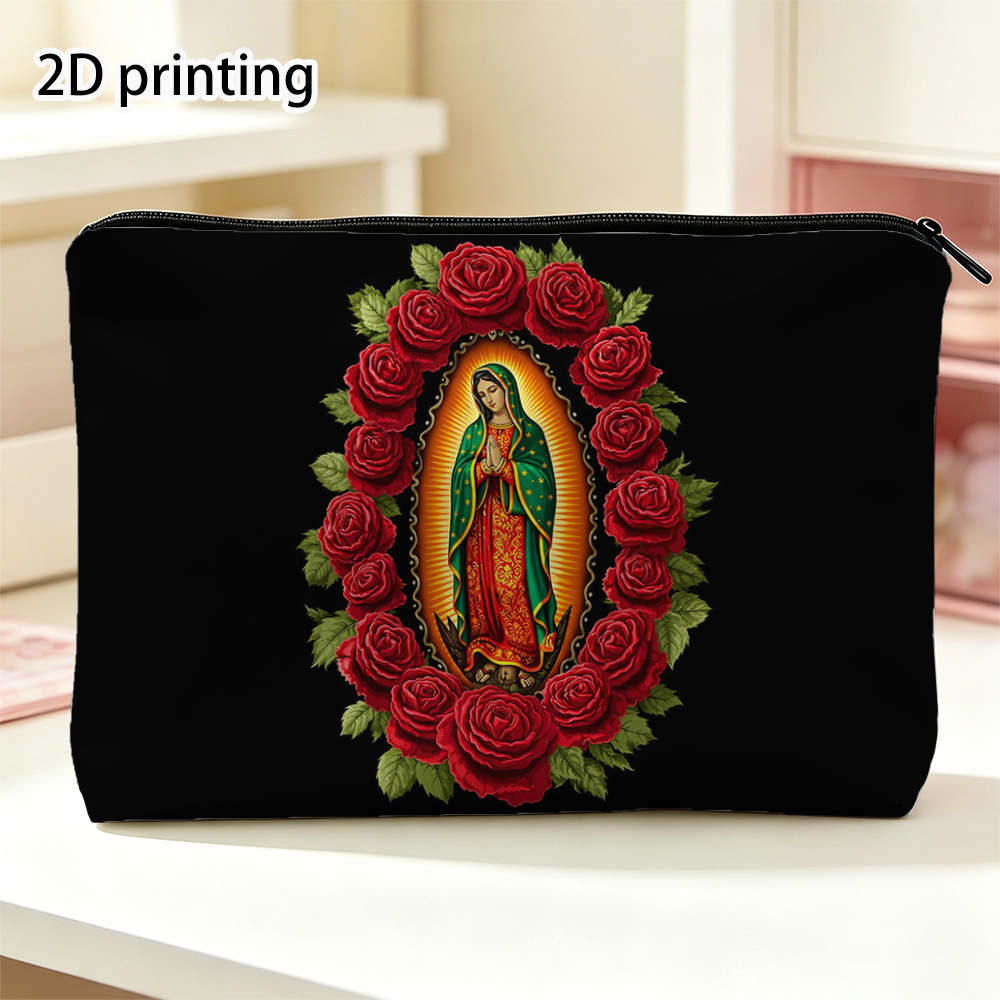 TEMU Trousse à cosmétiques 2D imprimée avec motif de de Guadalupe et fermeture éclair, trousse de maquillage de voyage portable et pliable à motif de