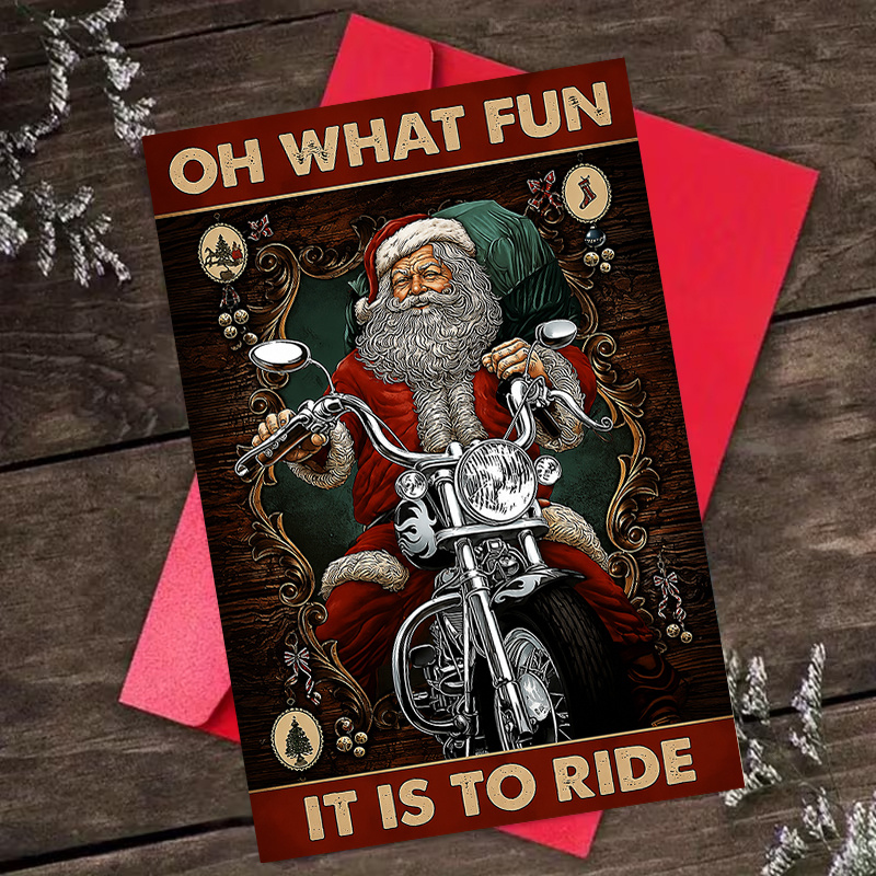 TEMU 1 Greeting Card + 1 Envelope Cool Biker Christmas Greeting Card, Santa Riding Motorcycle "oh What Is To Ride", For , Holiday Vintage Retro Style