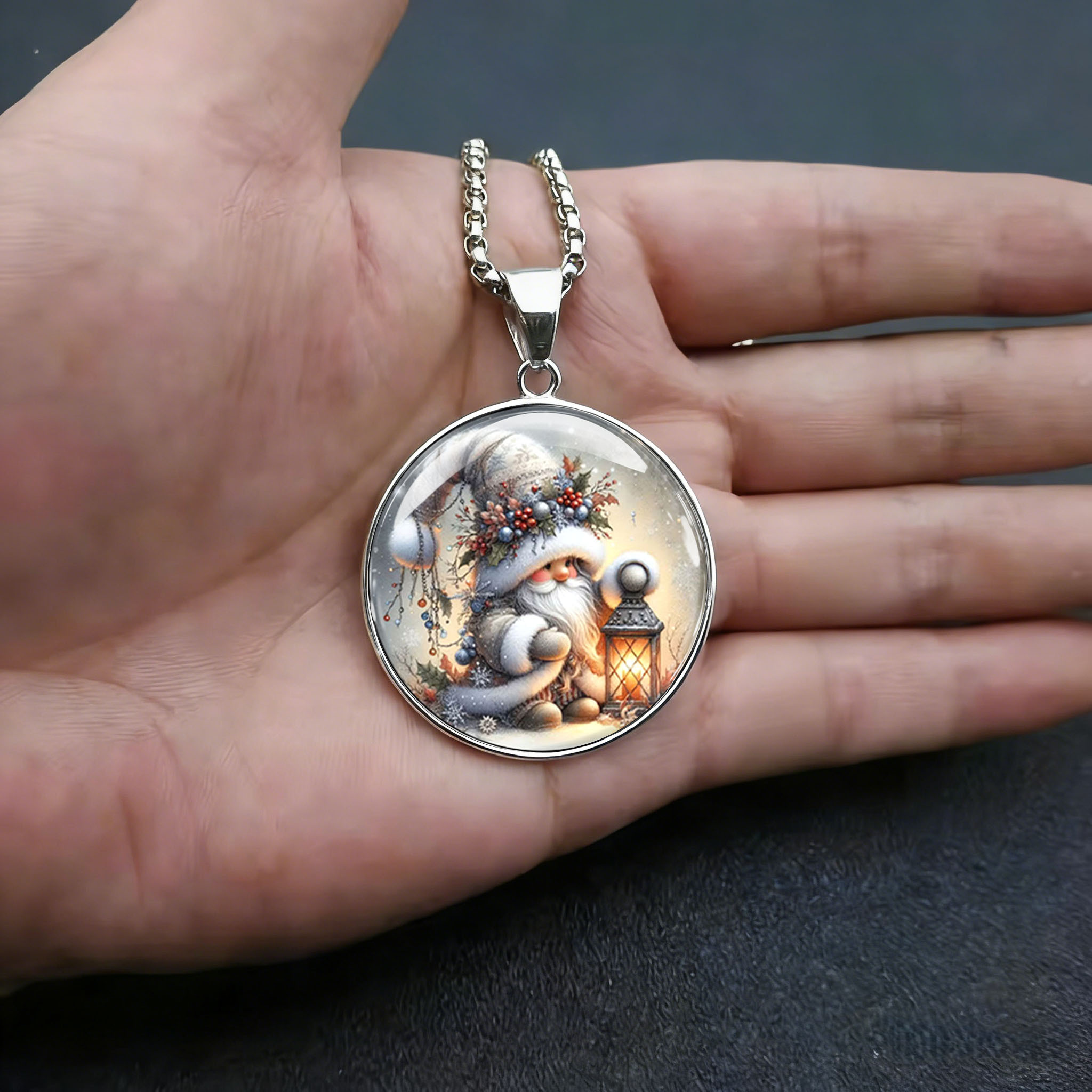 Men's Christmas Gnome Lantern Pattern Necklace