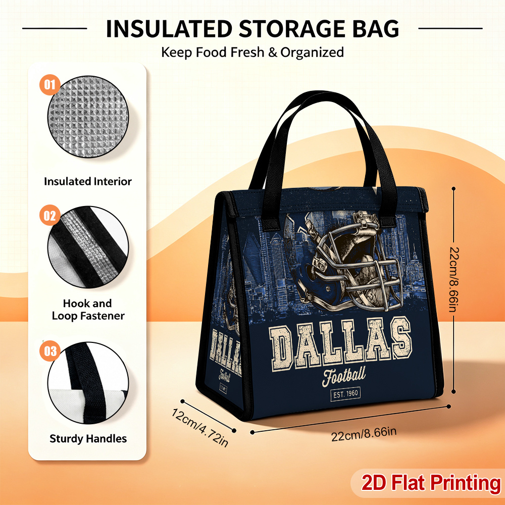 TEMU 1pc 2d Flat Compact 1.53-gallon Insulated Lunch Tote Bag With Dallas Football Helmet Pattern Closure Refrigerated Food Carrier For School Meal