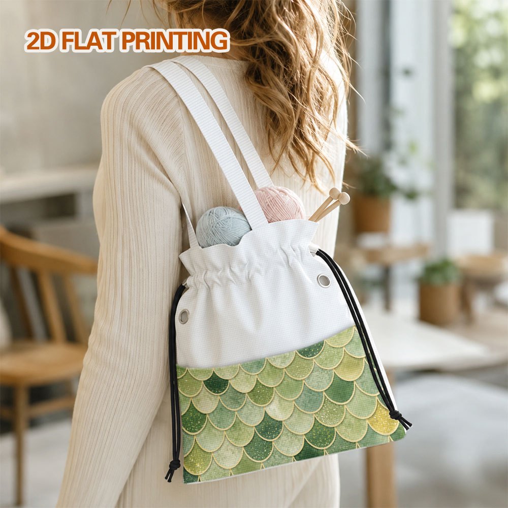 item picture 2d flat 1  green scallop scales print drawstring yarn storage bag fitted with   yarn outlet holes   family handcraft and vacation   work