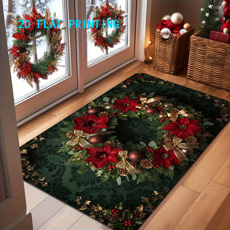 TEMU 1pc, 2d Flat Printing, Poinsettia Christmas Red Wreath Pattern Entrance Doormat, Non-slip Machine Washable Easy-to-clean Polyester Mat, Suitable
