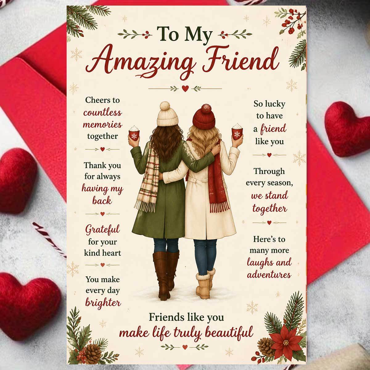 TEMU 1pc Greeting Card And 1pc Envelope. 2d Flat 1pc Warm Friendship Theme Christmas Card, Depicting The Back View Of 2 Female Wearing Knit Hats,