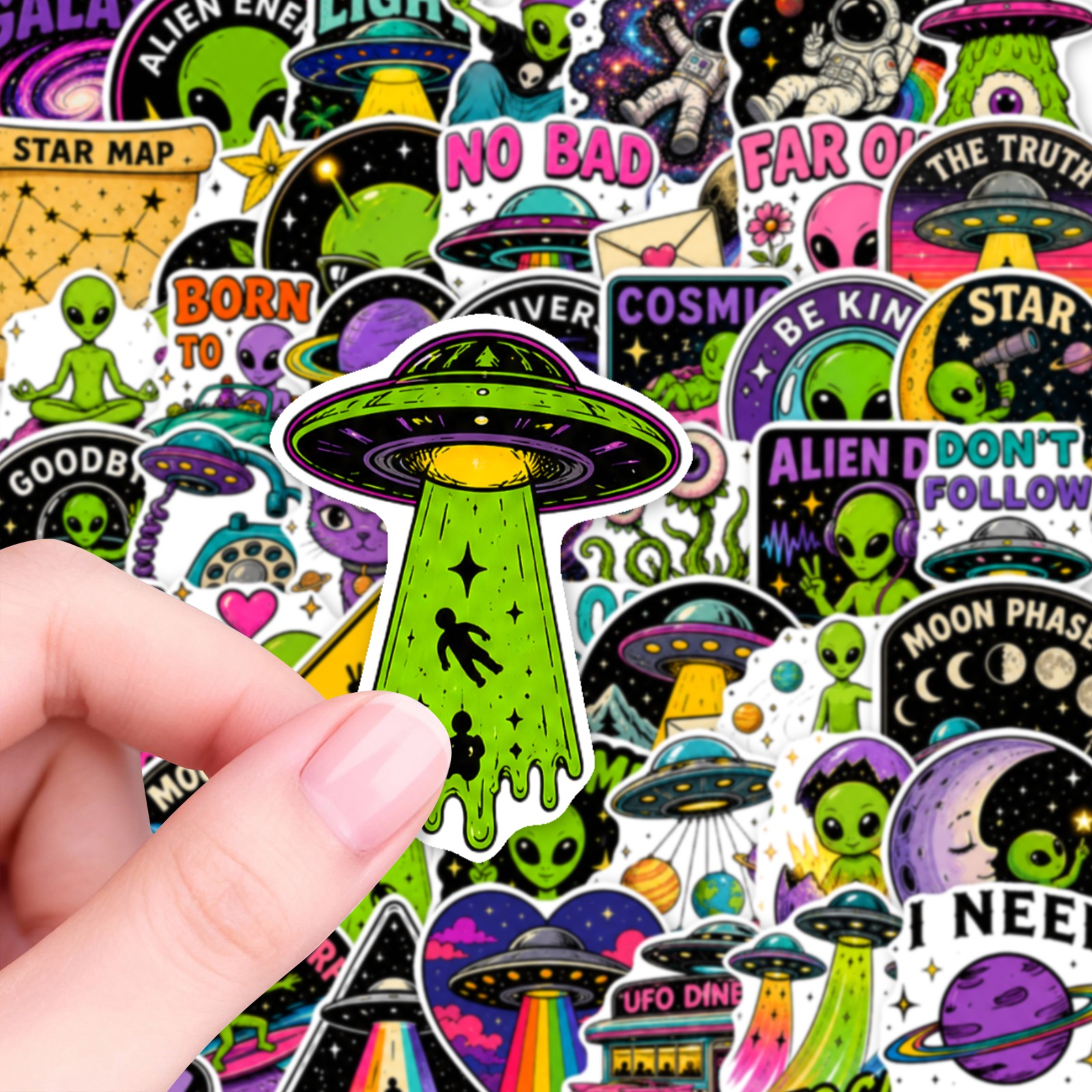 TEMU 50pcs Retro Space-themed Stickers, Vibrant Extraterrestrial Designs, Ideal For Decorating Laptops, Skateboards, Water Bottles
