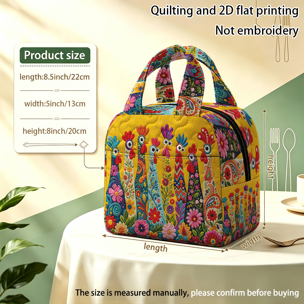TEMU 2d Flat, 1pc Reusable Colorful With Floral Designs Quilted Insulated Handbag, Insulated Lunch Bag, (non-food Contact) Decorative For Home,