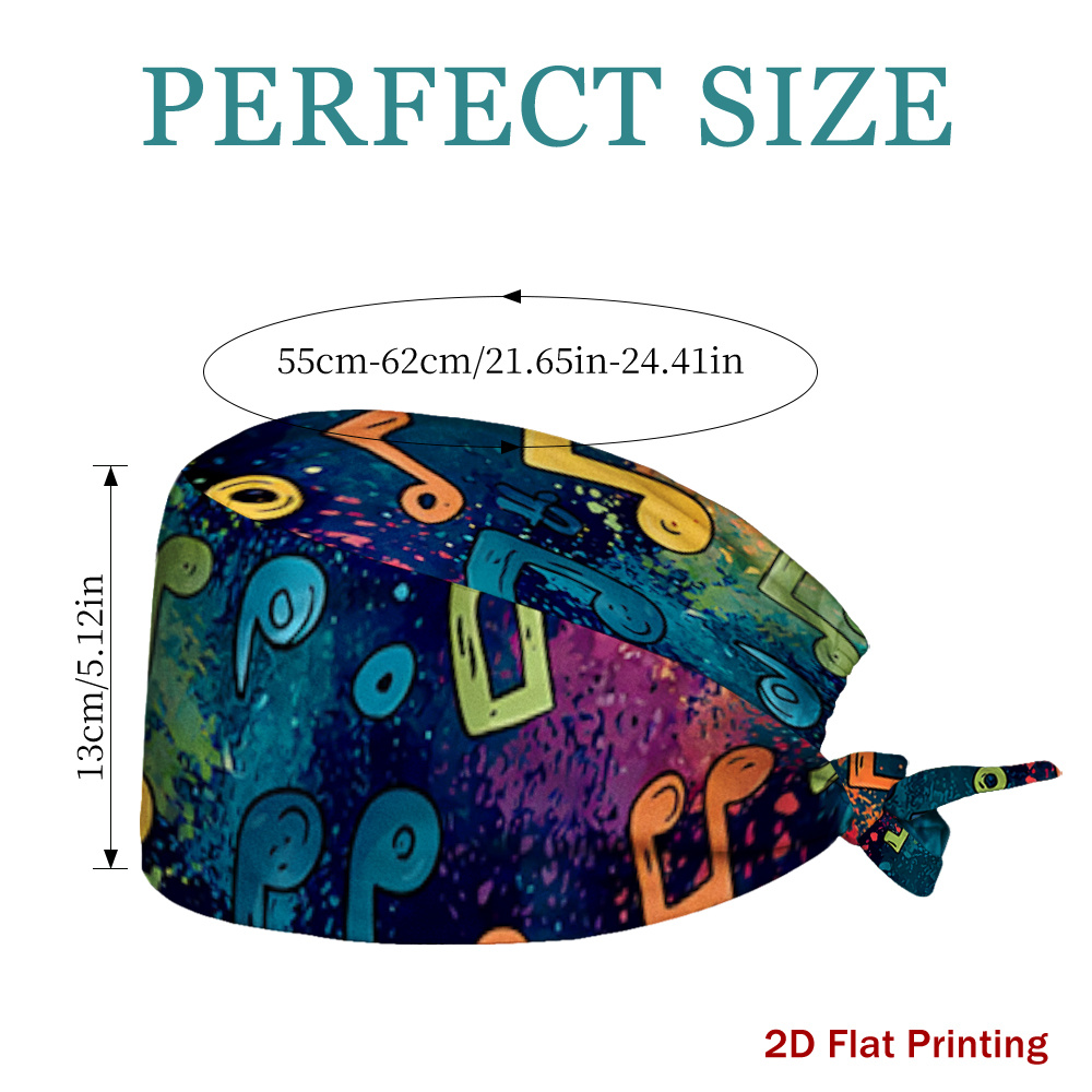 TEMU Unisex Adjustable Tie-back Scrub With Colorful Musical Notes Background Pattern Print, Lightweight Skull Hat For Nurses, Chefs, Cooking And