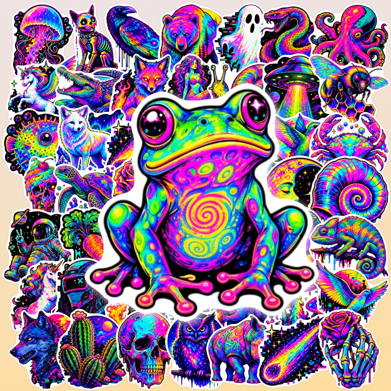 TEMU Verander je spullen in een psychedelisch : pak deze 50 trippy neonwezensstickers en versier laptops, waterflessen, skateboards en meer met