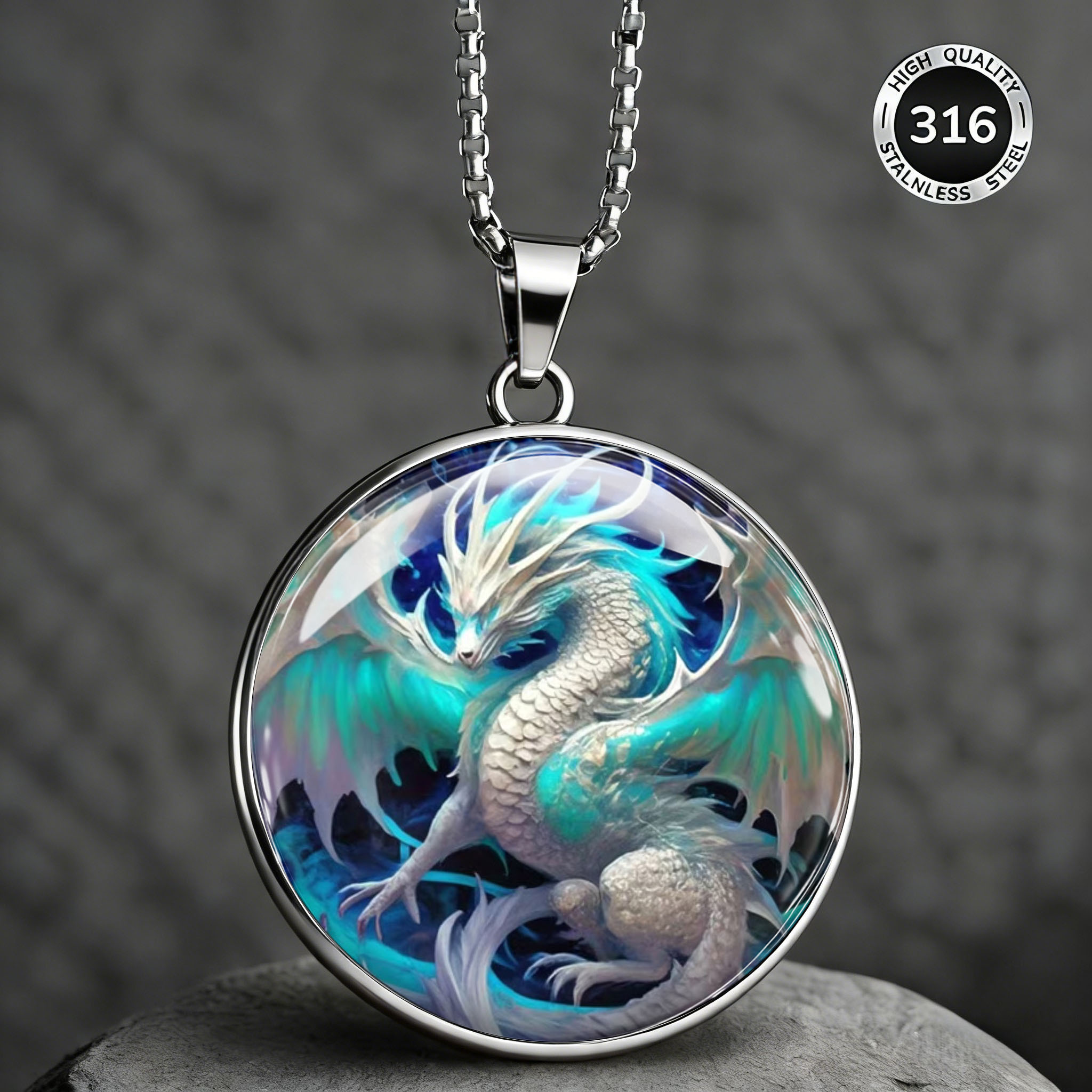 TEMU 2dflat Men's 316 304 Stainless Steel Necklace With Chinese Style Azure Dragon Totem Pendant, Fashionable And Trendy Accessory, Hypoallergenic,