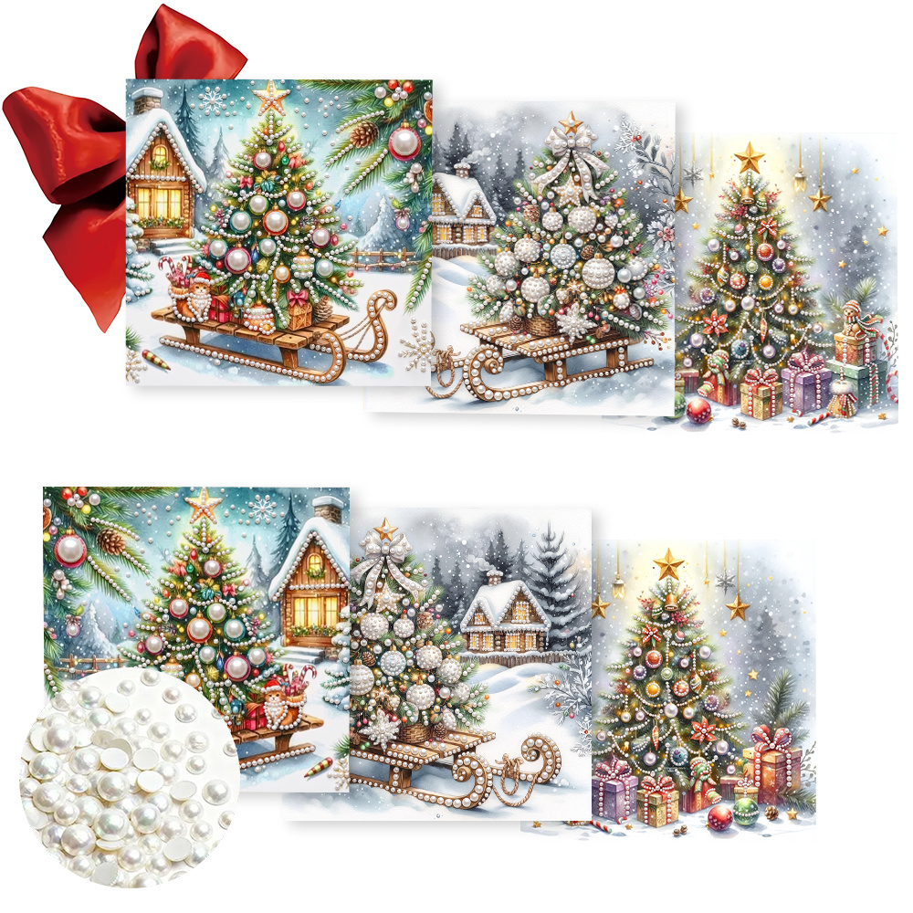 TEMU 6pcs Diamond Pearl Painting Greeting Card Set, Featuring A Cartoon Beautiful Christmas Tree And Sleigh Snow Scene Pattern—round Pearl Diamond