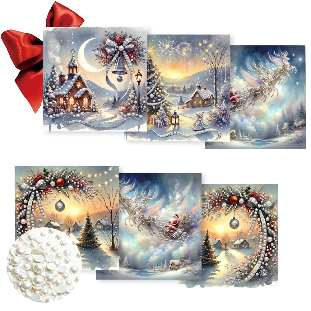 TEMU 6pcs Diamond Pearl Painting Greeting Card Set, Featuring Beautiful Snowy Christmas House Scenery Pattern - Round Pearl Diamond Design, Adult