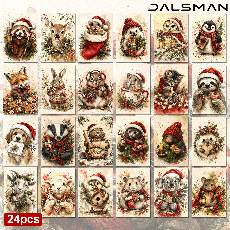 TEMU 24-pack Watercolor Christmas Animal Postcard Set Festive Holiday Greeting Cards For Winter Season Stationery For Home Decor And Gift Giving