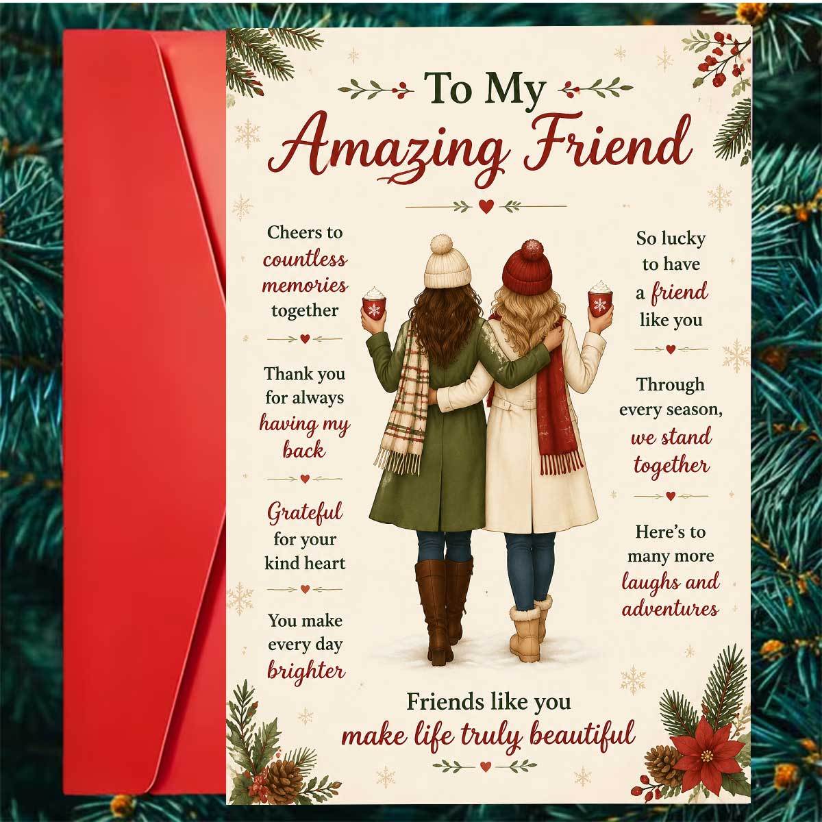 TEMU 1pc Warm Friendship Themed Christmas Card, Featuring A Back View Of 2 Female Wearing Knitted Hats, Standing Holding Hot Drinks, Decorated With