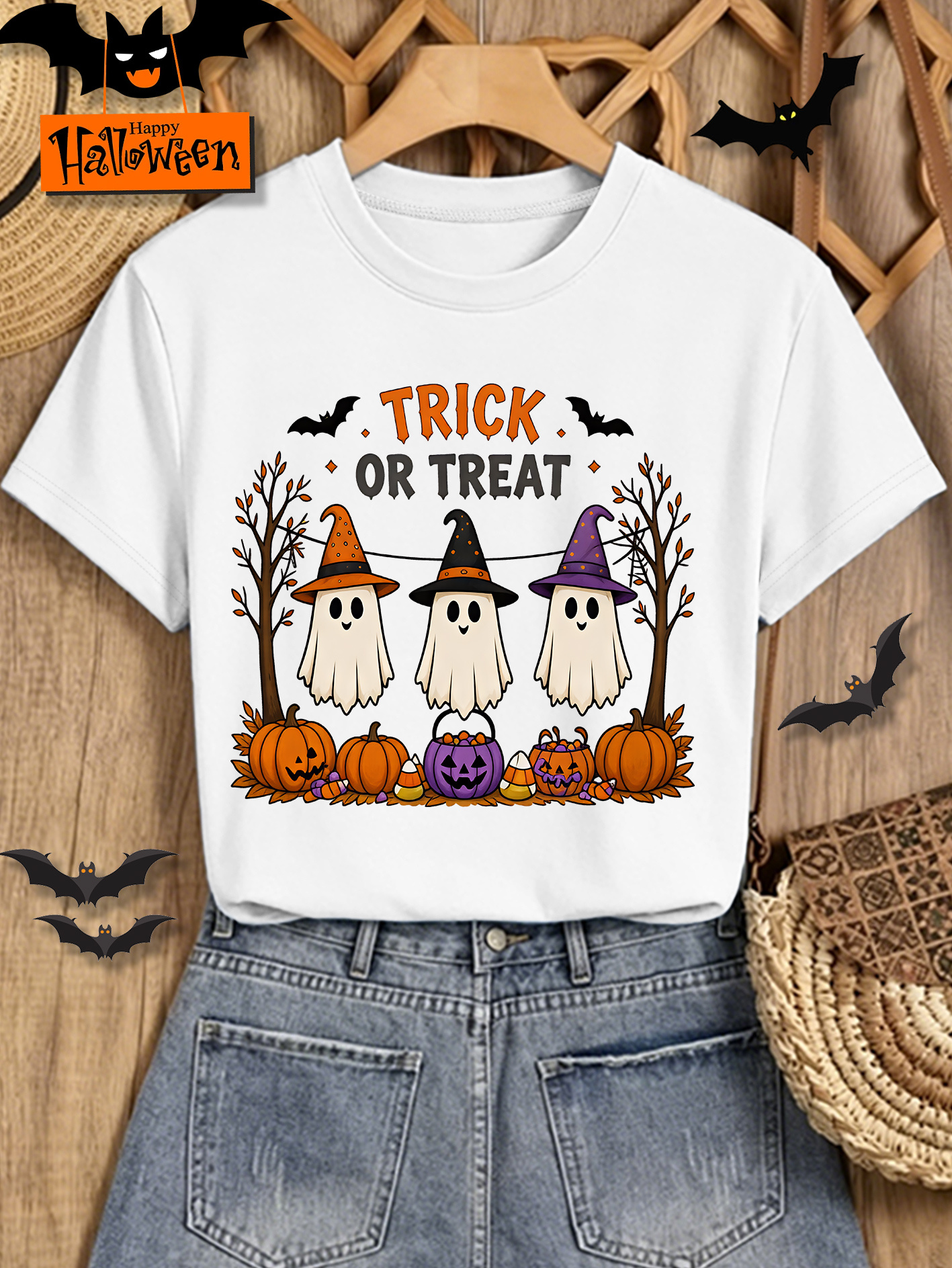 item picture womens elegant style short sleeve gift halloween trick or treat with hat ghost and pumpkin print round neck casual sports t shirt suitable for spring summer autumn     vacation daily versatile retro top