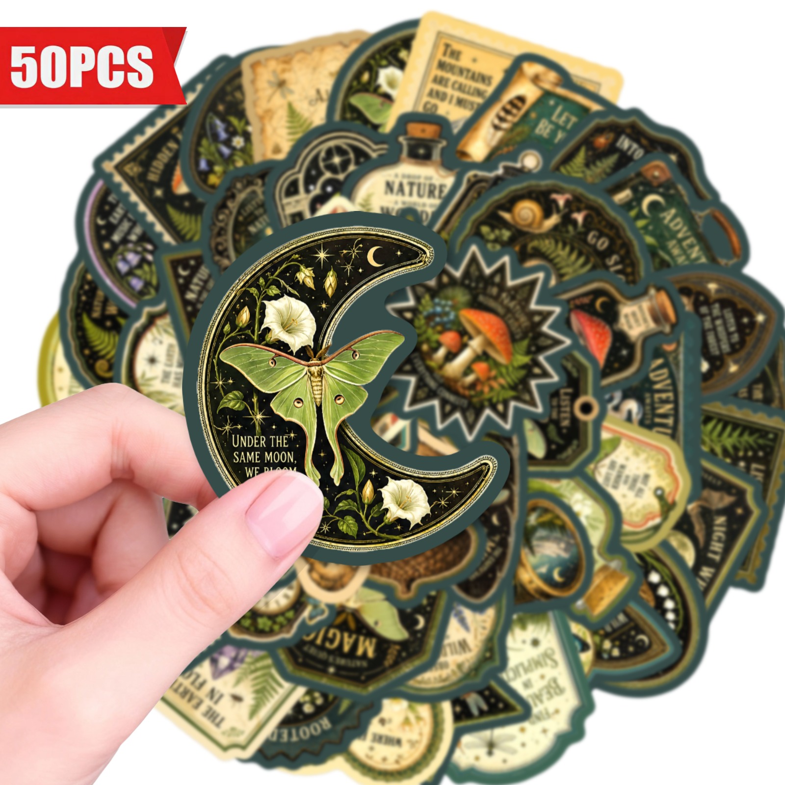TEMU 50pcs Vintage Forest Themed Stickers, Boho Botanical & Moon Style, Ideal For Decorating Notebooks, Laptops, Journals, Trendy Nature Inspired